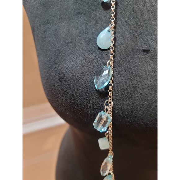 Womens Long Silver Chain Necklace With Blue Teardrop Crystal Charms Lobster Lock - Picture 5 of 7